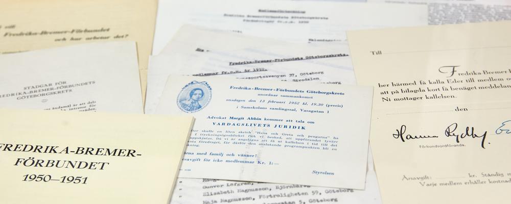 Kollage av dokument ur Fredrika Bremerförbundets arkiv