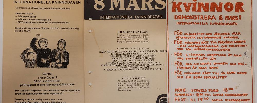 Exempel på affischer om Internationella kvinnodagen ur KvinnSams arkiv.